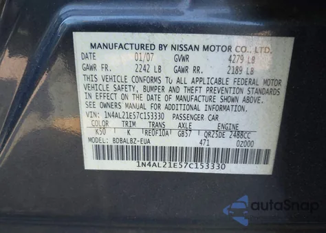 2007 Nissan Altima 2.5 S z USA, uszkodzony, nr VIN 1N4AL21E57C153330
